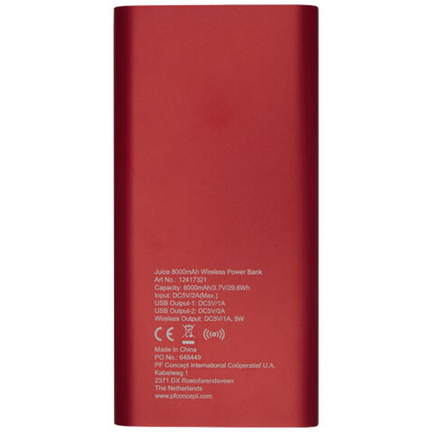 Juice 8000 mAh kabellose Powerbank, rot bedrucken, Art.-Nr. 12417321 Juice 8000 mAh kabellose Powerbank, rot bedrucken, Art.-Nr. 12417321