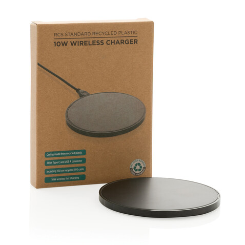 10W Wireless Charger aus RCS Standard recyceltem Kunststoff schwarz bedrucken, Art.-Nr. P308.661 10W Wireless Charger aus RCS Standard recyceltem Kunststoff schwarz bedrucken, Art.-Nr. P308.661