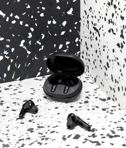 TWS Ohrhörer aus RCS Standard recyceltem Kunststoff schwarz bedrucken, Art.-Nr. P329.671 TWS Ohrhörer aus RCS Standard recyceltem Kunststoff schwarz bedrucken, Art.-Nr. P329.671