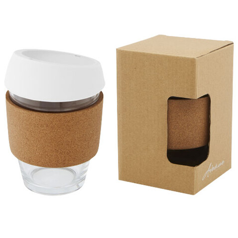 Lidan 360 ml Becher aus Borosilikatglas mit Korkgriff und Silikondeckel, weiss bedrucken, Art.-Nr. 10066501 Lidan 360 ml Becher aus Borosilikatglas mit Korkgriff und Silikondeckel, weiss bedrucken, Art.-Nr. 10066501