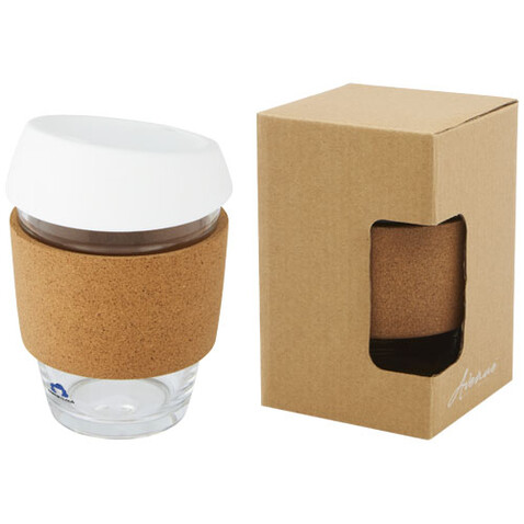 Lidan 360 ml Becher aus Borosilikatglas mit Korkgriff und Silikondeckel, weiss bedrucken, Art.-Nr. 10066501 Lidan 360 ml Becher aus Borosilikatglas mit Korkgriff und Silikondeckel, weiss bedrucken, Art.-Nr. 10066501