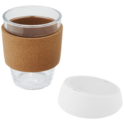 Lidan 360 ml Becher aus Borosilikatglas mit Korkgriff und Silikondeckel, weiss bedrucken, Art.-Nr. 10066501 Lidan 360 ml Becher aus Borosilikatglas mit Korkgriff und Silikondeckel, weiss bedrucken, Art.-Nr. 10066501