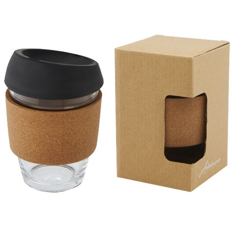 Lidan 360 ml Becher aus Borosilikatglas mit Korkgriff und Silikondeckel, schwarz bedrucken, Art.-Nr. 10066590