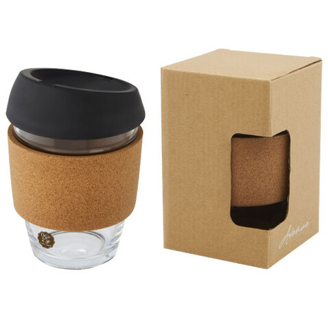 Lidan 360 ml Becher aus Borosilikatglas mit Korkgriff und Silikondeckel, schwarz bedrucken, Art.-Nr. 10066590