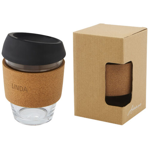 Lidan 360 ml Becher aus Borosilikatglas mit Korkgriff und Silikondeckel, schwarz bedrucken, Art.-Nr. 10066590