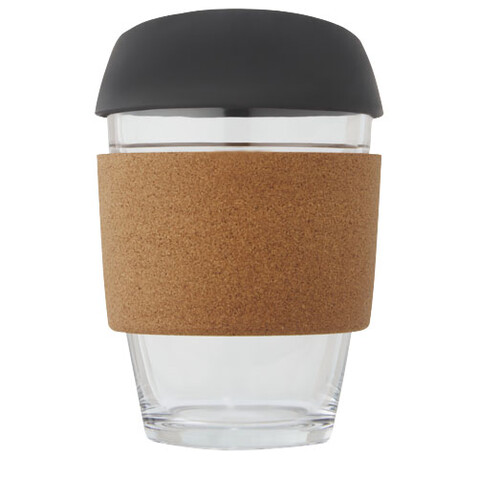 Lidan 360 ml Becher aus Borosilikatglas mit Korkgriff und Silikondeckel, schwarz bedrucken, Art.-Nr. 10066590