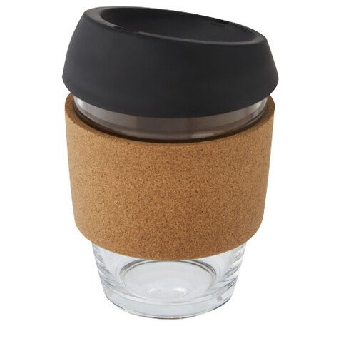 Lidan 360 ml Becher aus Borosilikatglas mit Korkgriff und Silikondeckel, schwarz bedrucken, Art.-Nr. 10066590