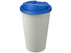 Americano® Eco 350 ml recycelter Becher mit auslaufsicherem Deckel, mittelblau, weiss bedrucken, Art.-Nr. 21042558