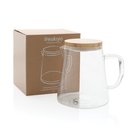 Ukiyo Borosilikat-Glaskaraffe mit Bambusdeckel 1.2L transparent bedrucken, Art.-Nr. P264.060
