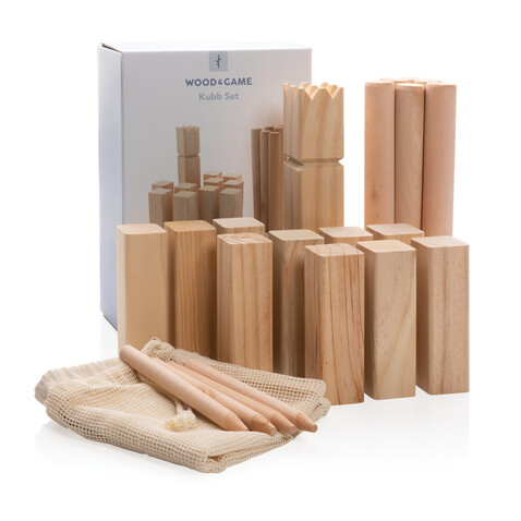 Kubb Outdoor Wurfspiel aus Holz braun bedrucken, Art.-Nr. P453.519 Kubb Outdoor Wurfspiel aus Holz braun bedrucken, Art.-Nr. P453.519