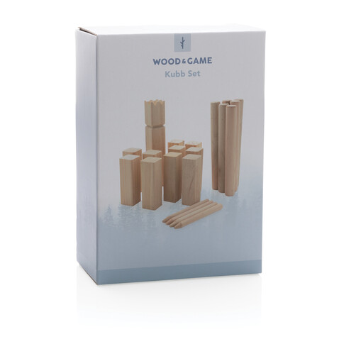 Kubb Outdoor Wurfspiel aus Holz braun bedrucken, Art.-Nr. P453.519 Kubb Outdoor Wurfspiel aus Holz braun bedrucken, Art.-Nr. P453.519