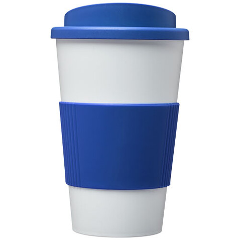 Americano® 350 ml Isolierbecher mit Schutzring, mittelblau, weiss bedrucken, Art.-Nr. 22000252 Americano® 350 ml Isolierbecher mit Schutzring, mittelblau, weiss bedrucken, Art.-Nr. 22000252