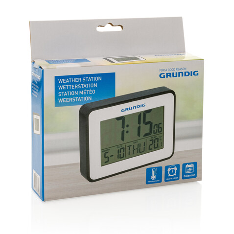 Grundig Thermometer, Wecker und Kalender weiß bedrucken, Art.-Nr. P279.221 Grundig Thermometer, Wecker und Kalender weiß bedrucken, Art.-Nr. P279.221