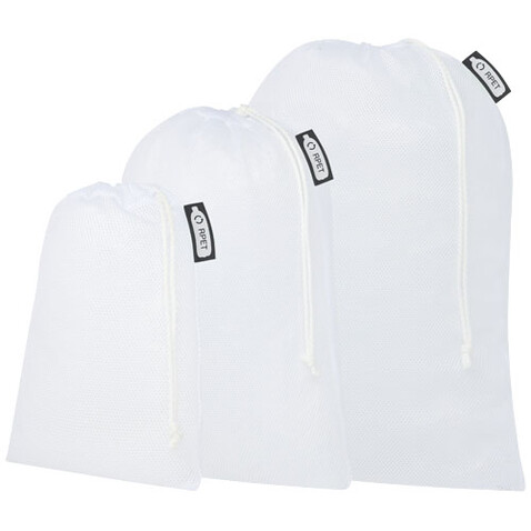 3er-Set recycelter Polyester-Zuziehbeutel, weiss bedrucken, Art.-Nr. 1PL04501 3er-Set recycelter Polyester-Zuziehbeutel, weiss bedrucken, Art.-Nr. 1PL04501
