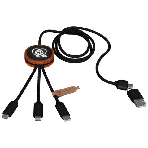 SCX.design C37 40W 5-in-1 rPET Ladekabel in rundem Bambusgehäuse mit Leuchtlogo, holz bedrucken, Art.-Nr. 2PX07171