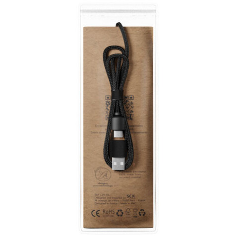 SCX.design C38 40W 5-in-1 Ladekabel aus rPET in quadratischem Bambusgehäuse mit Leuchtlogo, rot, holz bedrucken, Art.-Nr. 2PX07221