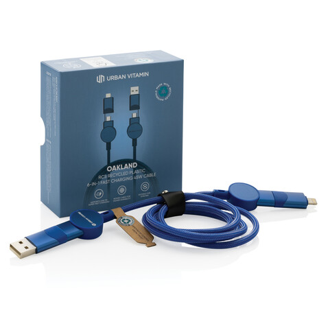 Oakland RCS rKunststoff 1,2m 6-in-1 Fast-Charging 45W Kabel blau bedrucken, Art.-Nr. P302.705 Oakland RCS rKunststoff 1,2m 6-in-1 Fast-Charging 45W Kabel blau bedrucken, Art.-Nr. P302.705