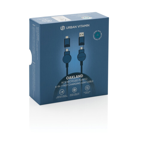 Oakland RCS rKunststoff 1,2m 6-in-1 Fast-Charging 45W Kabel blau bedrucken, Art.-Nr. P302.705 Oakland RCS rKunststoff 1,2m 6-in-1 Fast-Charging 45W Kabel blau bedrucken, Art.-Nr. P302.705