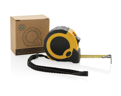 3m/16mm Maßband mit Stop-Taste aus RCS recycelt. Kunststoff gelb, schwarz bedrucken, Art.-Nr. P112.126 3m/16mm Maßband mit Stop-Taste aus RCS recycelt. Kunststoff gelb, schwarz bedrucken, Art.-Nr. P112.126