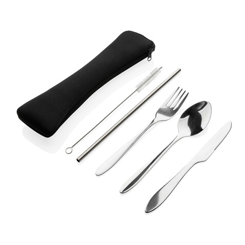4-teiliges wiederverwendbares Besteckset aus Stainless-Steel silber bedrucken, Art.-Nr. P269.632