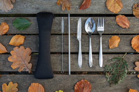 4-teiliges wiederverwendbares Besteckset aus Stainless-Steel silber bedrucken, Art.-Nr. P269.632