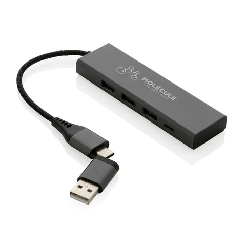 Terra Hub aus RCS recyceltem Aluminium mit 3 USB-Anschlüssen grau bedrucken, Art.-Nr. P308.682