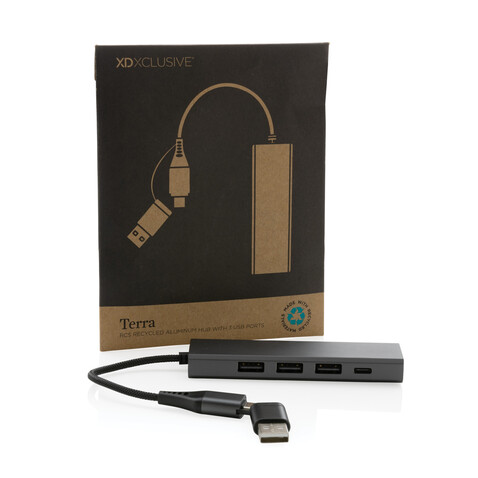 Terra Hub aus RCS recyceltem Aluminium mit 3 USB-Anschlüssen grau bedrucken, Art.-Nr. P308.682