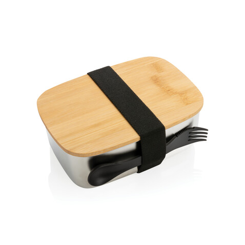 Stainless Steel Lunchbox mit Bambus-Deckel und Göffel silber bedrucken, Art.-Nr. P269.622 Stainless Steel Lunchbox mit Bambus-Deckel und Göffel silber bedrucken, Art.-Nr. P269.622