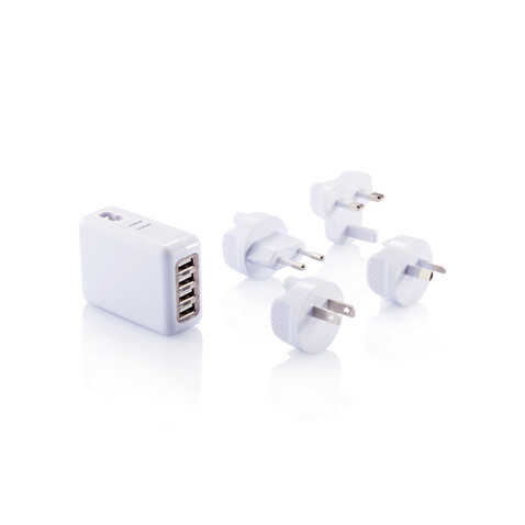 Reiseadapter mit 4fachem USB Anschluss weiß bedrucken, Art.-Nr. P820.373 Reiseadapter mit 4fachem USB Anschluss weiß bedrucken, Art.-Nr. P820.373