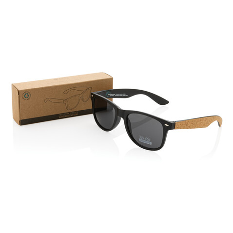 Sonnenbrille aus GRS recyceltem PC-Kunststoff mit Kork schwarz bedrucken, Art.-Nr. P453.881