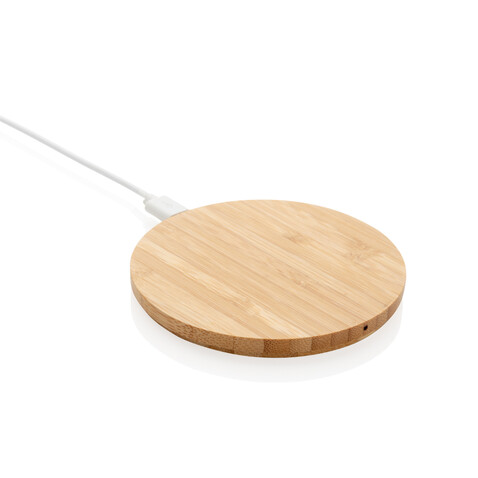 Rundes kabelloses 5W-Ladegerät aus Bambus braun bedrucken, Art.-Nr. P308.229