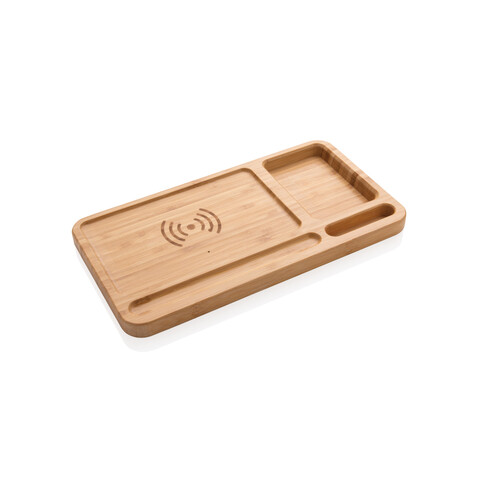 Bambus Schreibtisch-Organizer mit 5W Wireless Charger braun bedrucken, Art.-Nr. P308.629