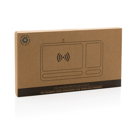 Bambus Desk Organizer mit 10W Wireless Charger braun bedrucken, Art.-Nr. P308.399