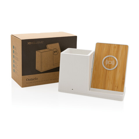 Ontario 10W Wireless Charger aus Bambus und RCS Kunststoff weiß bedrucken, Art.-Nr. P308.403 Ontario 10W Wireless Charger aus Bambus und RCS Kunststoff weiß bedrucken, Art.-Nr. P308.403