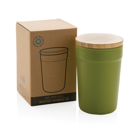 GRS rPP-Becher mit Bambusdeckel grün bedrucken, Art.-Nr. P433.297