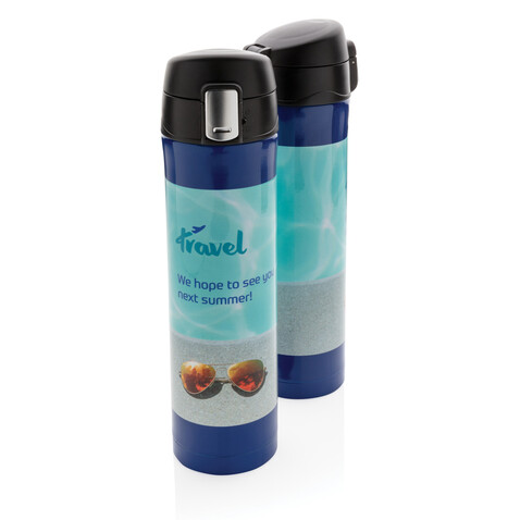 Easy Lock Vakuum-Flasche aus RCS recyceltem Stahl blau bedrucken, Art.-Nr. P435.505 Easy Lock Vakuum-Flasche aus RCS recyceltem Stahl blau bedrucken, Art.-Nr. P435.505