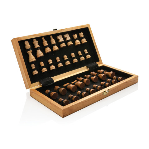 Faltbares Schachspiel aus Holz braun bedrucken, Art.-Nr. P940.129 Faltbares Schachspiel aus Holz braun bedrucken, Art.-Nr. P940.129