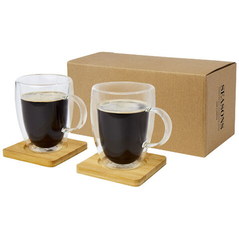 Manti 2-teiliger 350 ml doppelwandiger Glasbecher mit Bambusuntersetzer, transparent, natural bedrucken, Art.-Nr. 11331601 Manti 2-teiliger 350 ml doppelwandiger Glasbecher mit Bambusuntersetzer, transparent, natural bedrucken, Art.-Nr. 11331601
