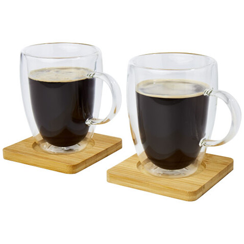 Manti 2-teiliger 350 ml doppelwandiger Glasbecher mit Bambusuntersetzer, transparent, natural bedrucken, Art.-Nr. 11331601 Manti 2-teiliger 350 ml doppelwandiger Glasbecher mit Bambusuntersetzer, transparent, natural bedrucken, Art.-Nr. 11331601