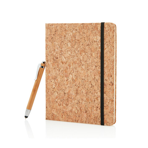 Kork A5 Notizbuch mit Bambus Stift und Stylus braun bedrucken, Art.-Nr. P773.779