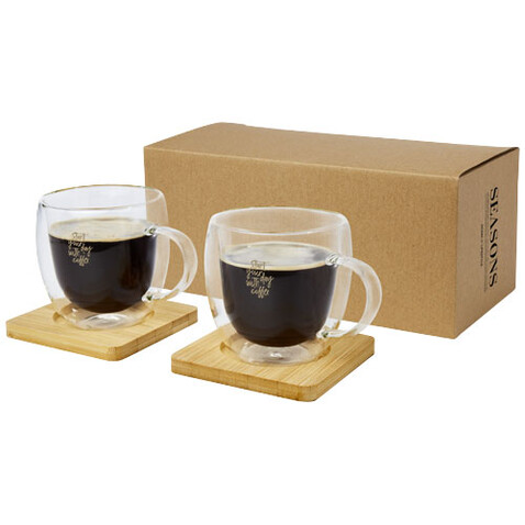 Manti 2-teiliger 250 ml doppelwandiger Glasbecher mit Bambusuntersetzer, transparent, natural bedrucken, Art.-Nr. 11331501 Manti 2-teiliger 250 ml doppelwandiger Glasbecher mit Bambusuntersetzer, transparent, natural bedrucken, Art.-Nr. 11331501
