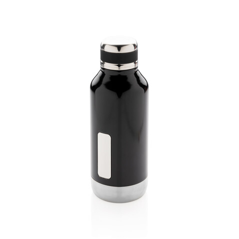 Auslaufsichere Vakuumflasche mit Logoplatte schwarz bedrucken, Art.-Nr. P436.671