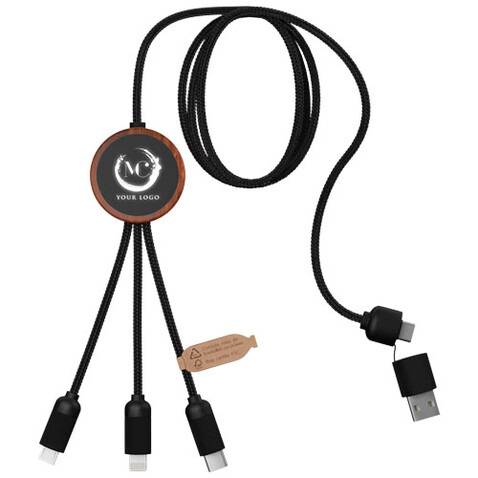 SCX.design C37 40W 5-in-1 rPET Ladekabel in rundem Bambusgehäuse mit Leuchtlogo, holz bedrucken, Art.-Nr. 2PX07171