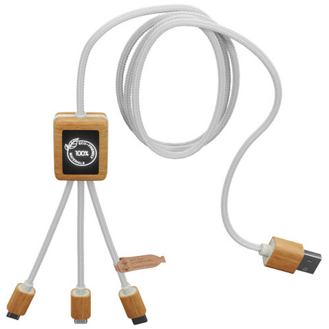 SCX.design C39 3-in-1-Ladekabel aus rPET mit Leuchtlogo und Bambusgehäuse, weiss bedrucken, Art.-Nr. 2PX10801 SCX.design C39 3-in-1-Ladekabel aus rPET mit Leuchtlogo und Bambusgehäuse, weiss bedrucken, Art.-Nr. 2PX10801