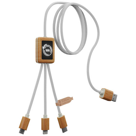 SCX.design C39 3-in-1-Ladekabel aus rPET mit Leuchtlogo und Bambusgehäuse, weiss bedrucken, Art.-Nr. 2PX10801 SCX.design C39 3-in-1-Ladekabel aus rPET mit Leuchtlogo und Bambusgehäuse, weiss bedrucken, Art.-Nr. 2PX10801