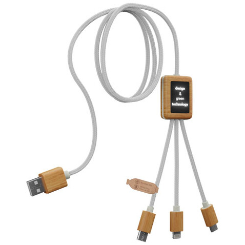 SCX.design C39 3-in-1-Ladekabel aus rPET mit Leuchtlogo und Bambusgehäuse, weiss bedrucken, Art.-Nr. 2PX10801 SCX.design C39 3-in-1-Ladekabel aus rPET mit Leuchtlogo und Bambusgehäuse, weiss bedrucken, Art.-Nr. 2PX10801