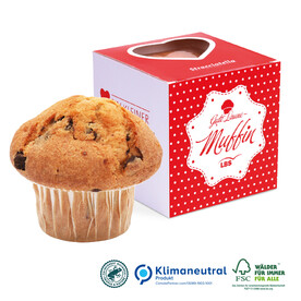 Muffin „Maxi“ im Werbe-Würfel mit Herzstanzung, Klimaneutral, FSC® bedrucken, Art.-Nr. 91482