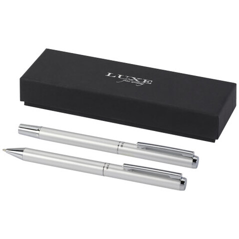Lucetto Set mit Kugelschreiber und Tintenroller aus recyceltem Aluminium (schwarze Mine), silber bedrucken, Art.-Nr. 10783881