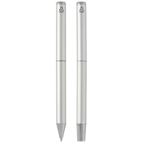 Lucetto Set mit Kugelschreiber und Tintenroller aus recyceltem Aluminium (schwarze Mine), silber bedrucken, Art.-Nr. 10783881