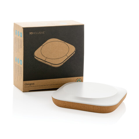 Oregon Wireless-Charger aus RCS recyc. Kunststoff &amp; Kork braun bedrucken, Art.-Nr. P308.589